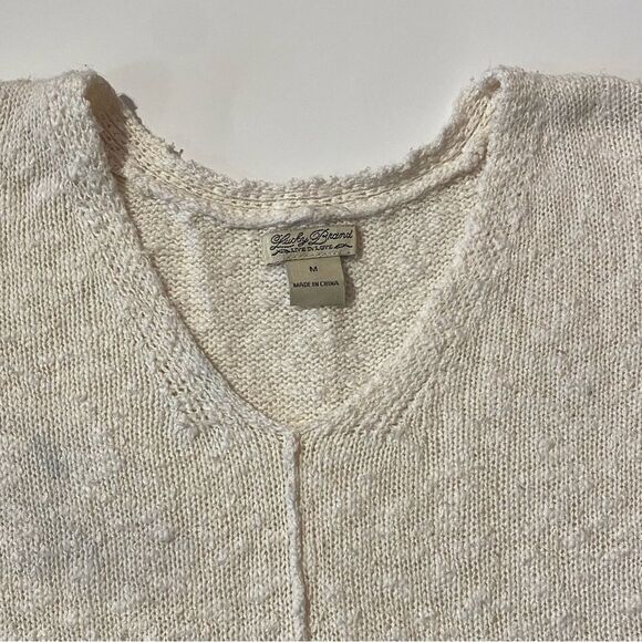 Lucky Brand Cream Mixed Weave Chunky Knit BOHO Pullover V Neck Sweater Size M - Picture 3 of 12